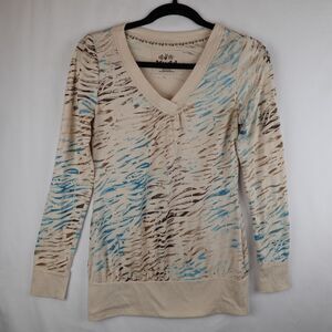 Mudd Vintage Shirt Womens Medium Long Sleeve Brown Blue Tan Animal Print Y2K 90s